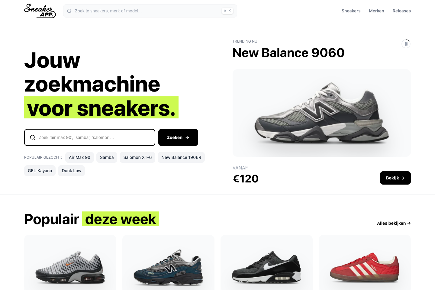 Sneakerapp search with popular sneakers and current availability